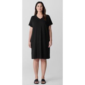 EILEEN FISHER Organic Cotton Slubby Jersey V-Neck Dress Black Minimalist Casual